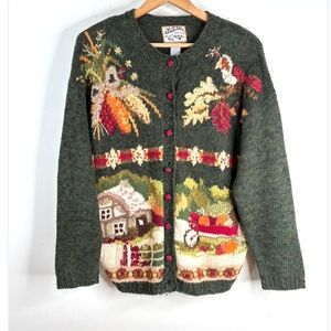 VTG 90s Heirloom Collectibles Harvest Cardigan L Fall Thanksgiving Pumpkin Green